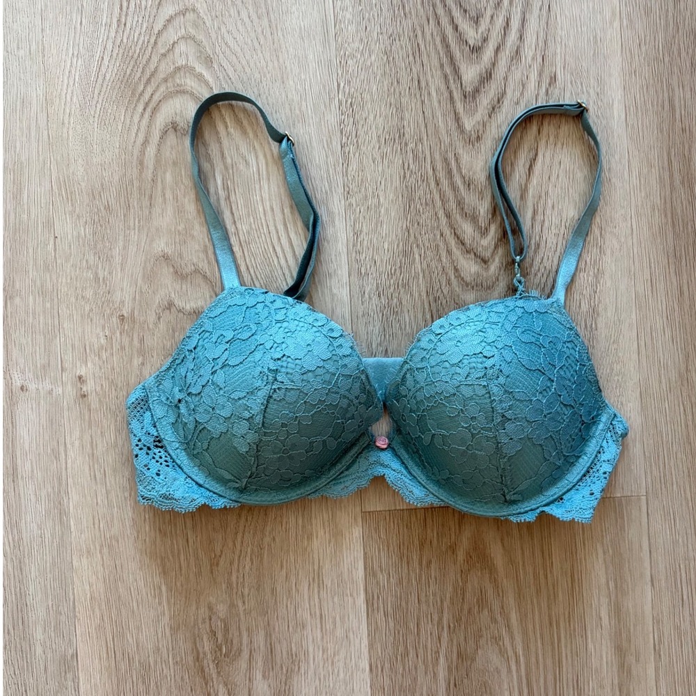 Victoria's Secret Dream Angels Teal Blue Lace Push-Up Bra 32C Floral Underwire